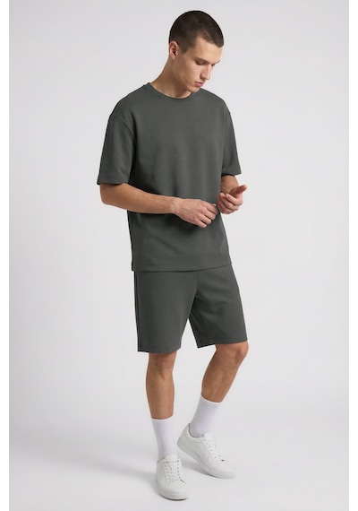 Haki Oversize Fit Basic Erkek Şort Takım - 85292