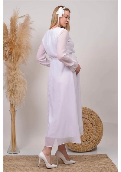 Dip Moda Kadın Beyaz Baby Shower Şifon Hamile Elbise Dphml003 BEYAZ