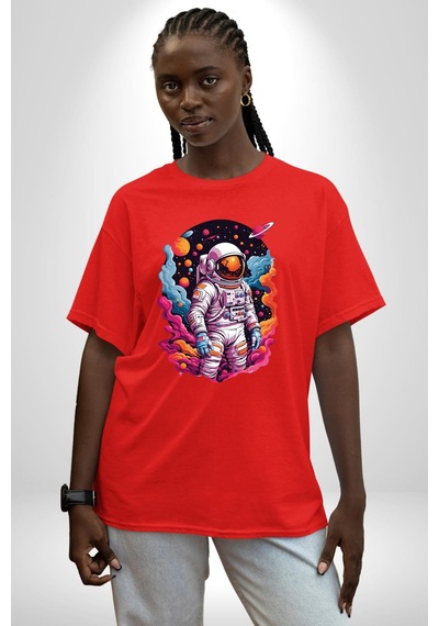 Ay Mars Astronot Pamuklu Bisiklet Yaka Unisex Oversize Boyfriend Dijital Baskılı Kırmızı T-shirt Kırmızı