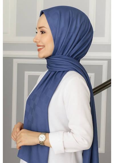 Mim Eşarp Emproyal Silver Jakar Dama Desenli Şal 75x190 Cm İndigo