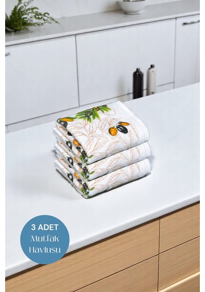 3lü Paket Baskılı Beyaz Mutfak Havlusu Modeli Zeytin