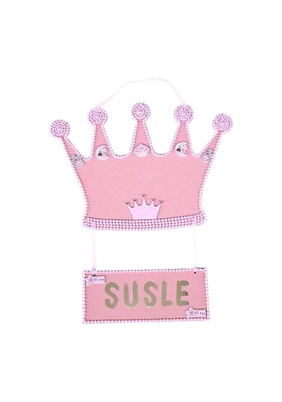 Süsle Bebek Ve Parti Taçlı İsimlikli Ahşap Kapı Süsü, Pembe Çok Renkli