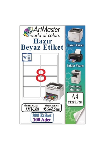 A4 Hazır Beyaz Etiket 95.5x65.5 Mm 8 Li 100 Sayfa 1 Paket Kendinden Yapışkanlı Fotokopi Lazer İnkjet Kağıdı Yazıcılar