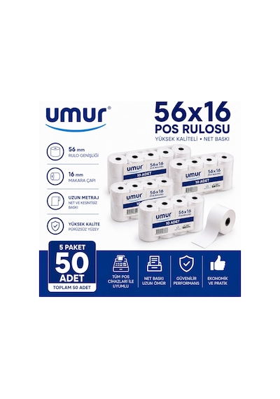 56x16 Pos Rulosu Net Baskı Yüksek Kalite Pos Cihazlarına Uyumlu 5 Paket 50 Adet