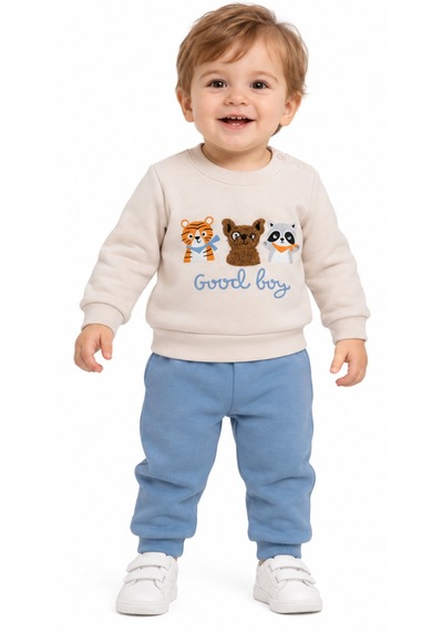 İrem Erkek Bebek Good Boy Yazılı Sevimli Hayvanlar Desenli Yakası Çıtçıt Kapamalı Mavi Renk Takım