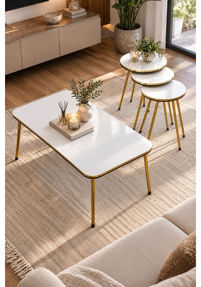 Sulorahome Gold Metal Leg 4-piece Coffee And Side Table Set Beyaz - Altın