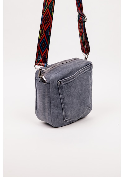 Fabric Craft Bag Kadın Çapraz Çanta Denim Kot Cepli Desenli Askılı Özel Seri 21x21 Cm Gri