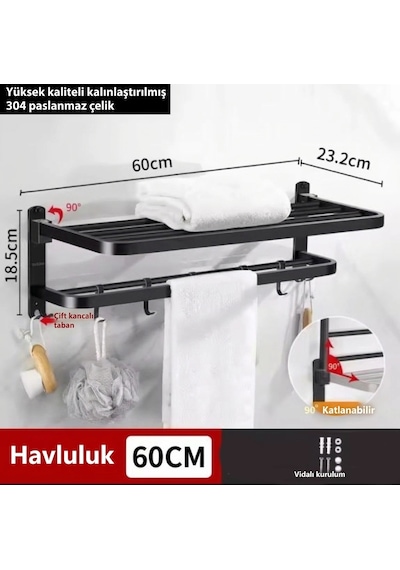 Raflı Havluluk Oval Köşeli Model 60 Cm Ss304 Paslanmaz Çelik Renk Mat Siyah