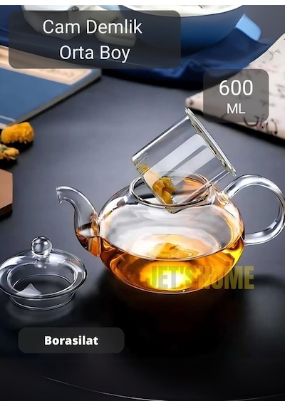 Cam Demlik Şeffaf Süzgeçli Demlik Isıya Dayanıklı Bitki Çayı Demliği Borosilat 600 Ml Gri