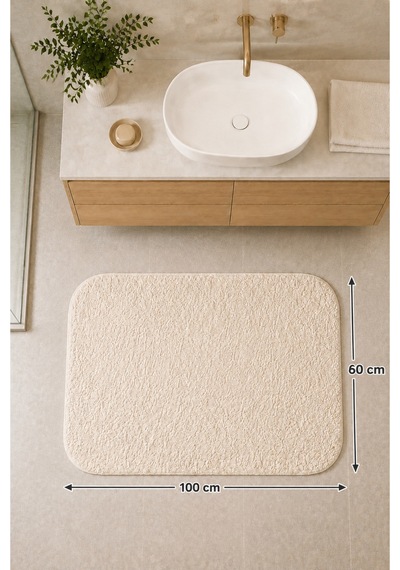 Kaymaz Jel Tabanlı Yıkanabilir Peluş Yumuşak Dokulu Dekoratif Tekli Banyo Paspası 60x100 Cm Krem