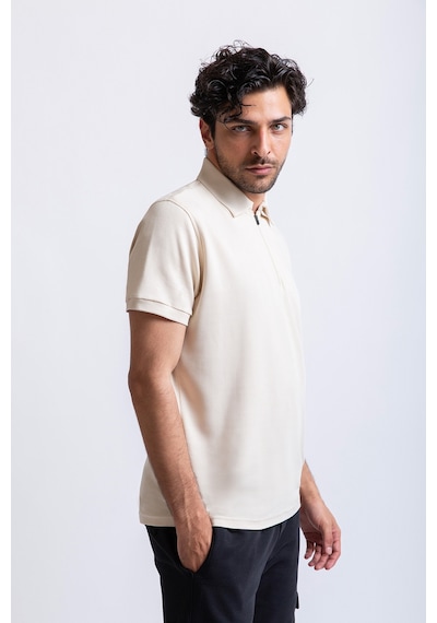 Premium Polo Yaka Fermuarlı Tişört Krem