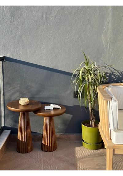 Wood Wooden 2 Li Set Fitilli Derin Çizgili Mantar Yan Sehpa