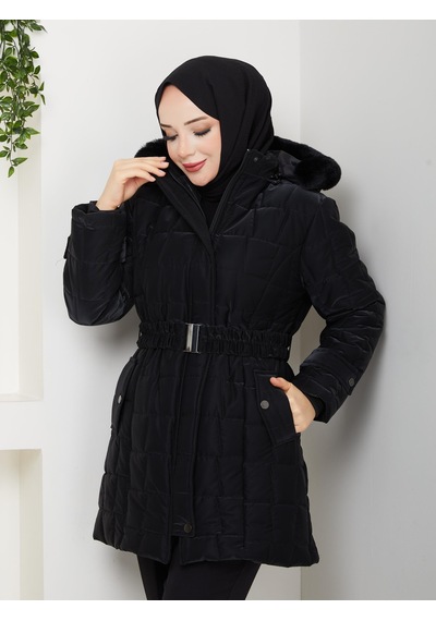 Eslemnur Nova Kumaş Şişme Mont 85cm Siyah