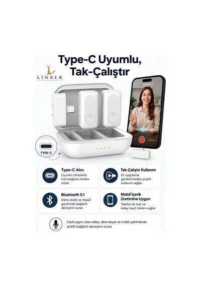 Type-c Girişli Beyaz Kablosuz Yaka Mikrofonu Şarj Kutulu 2 Verici 1 Alıcı 48khz 24bit Gürültü Engellemeli Beyaz Beyaz