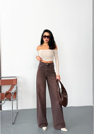 Kadın Kahverengi Taşlamalı Baggy Jean Yüksek Bel Geniş Paça Kot Pantolon Kahverengi+taşlamalı Baggy