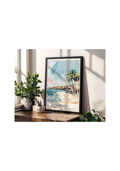 Hawaii Beachfront Usa Travel Poster Ahşap Çerçeveli Dekoratif Duvar Tablosu Siyah