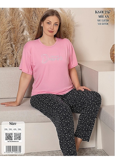 Sude Charme Kadın Büyük Beden Bisiklet Yaka Milan Likralı Kısa Kol Pijama Takımı K601/247 - 1 Adet Pembe Sude Charme Kadın Büyük Beden Bisiklet Yaka Milan Likralı Kısa Kol Pijama Takımı K601/247 - 1 Adet Pembe