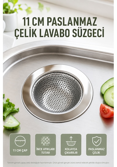11 Cm Paslanmaz Çelik Lavabo Süzgeci Mutfak Evye Gider Süzgeci Tıkanıklık Önleyici İnce Çöp Tutucu Gri