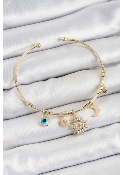 Pirinç Zirkon Taşlı Güneş Ay Nazar Model Gold Renk Charm Bileklik Çok Renkli