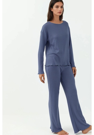 Hiccup Yüksek Bel Uzun Kollu Pijama Takımı Oxford Mavisi