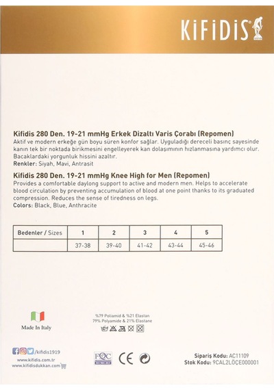 Kifidis 280 Den. 19-21 Mmhg Erkek Diz Altı Varis Çorabı Repomen Siyah / Black Siyah Standart 2 Standart STANDART