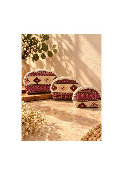 Badufa Home Etnik Kilim Desenli Fermuarlı El Askılı Makyaj Ve Organizer Çantası-3farklı Boy Bej-pembe Bej-pembe