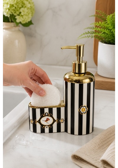 Kuş Motifli Gold Detaylı Çizgili Porselen Sıvı Sabunluk + Bulaşık Süngeri + Süngerlik Seti 500 Ml 20 X 15 X 7 Cm Beyaz - Siyah