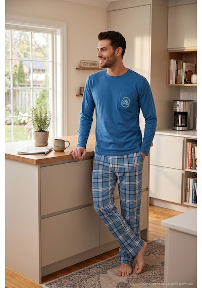 Buratti Ekoseli Pamuklu Bisiklet Yaka Pijama Takımı Erkek Pijama Takımı 6575007 Mavi
