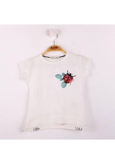 Toontoy Kids Kız Çocuk Tişört Uğur Böceği Nakışlı Ekru
