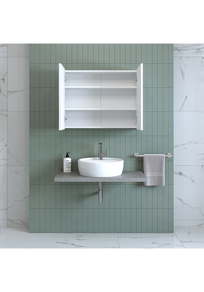 Banos Banyo Roomart Ad7 Kulpsuz 2 Kapaklı Mat Beyaz Mdf 80 Cm Aynalı Banyo Üst Dolabı Mat Beyaz