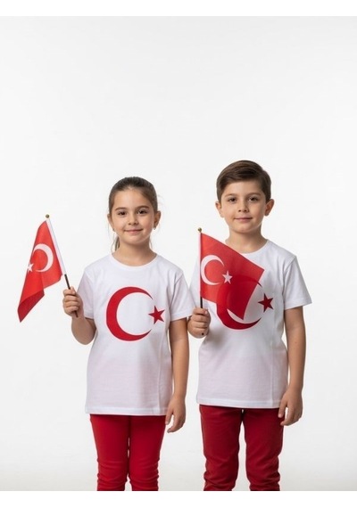 Zekids Çocuk Ay Yıldız Baskılı Yarım Kollu T-shirt-17206 Beyaz