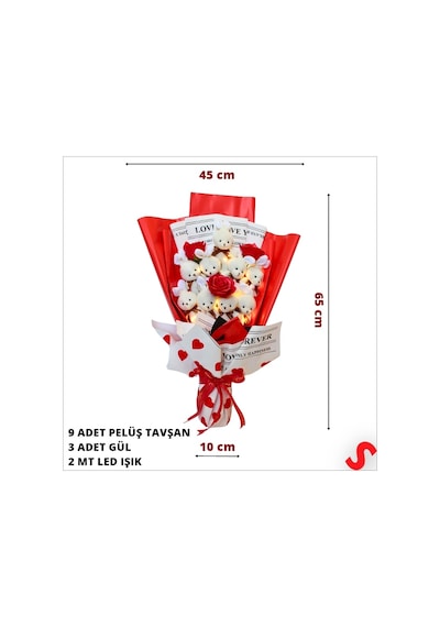 9 Beyaz Pelüş Tavşanlı Led Işıklı Kırmızı Buket, 65cm X 45cm