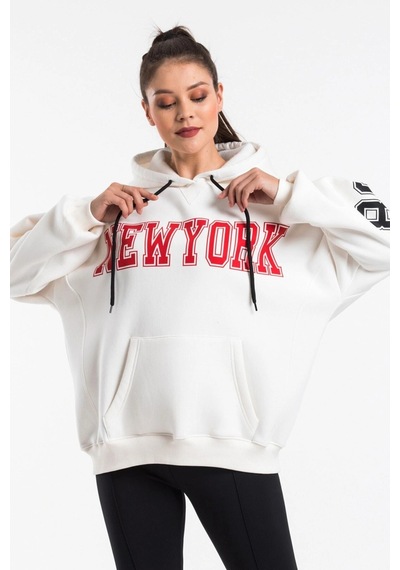 Caya Kadın Ekru Renk Baskı Detaylı Oversize Sweatshirt Cy84191 Beyaz Beyaz