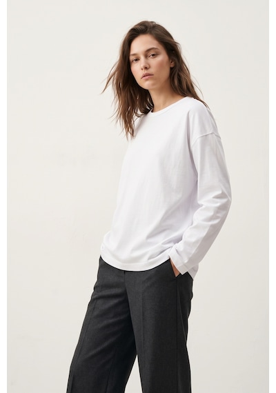 Elemge %100 Pamuk Süprem Oversize Kadın Uzun Kollu T-shirt Compact Penye Tok Yumuşak Kumaş Bol Kesim Nefes Alan Terletmez Yapı Basic Beyaz Tişört