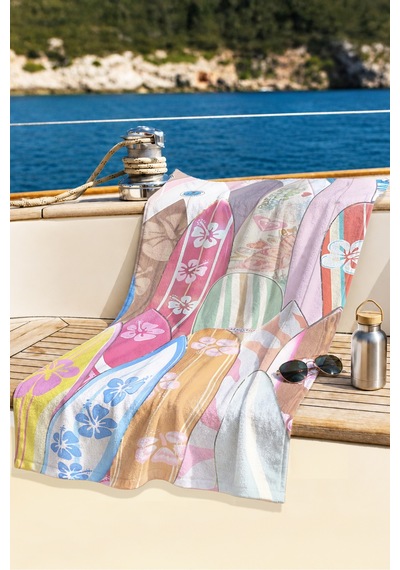 Sörf Tahtası Çiçekli Tropikal Plaj Havlusu - Pastel Bohem Yaz Stili Hızlı Kuruyan Mikrofiber Havlu İnci Gölgesi