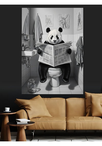Ahşap Tablo Tuvalette Gazete Okuyan Panda