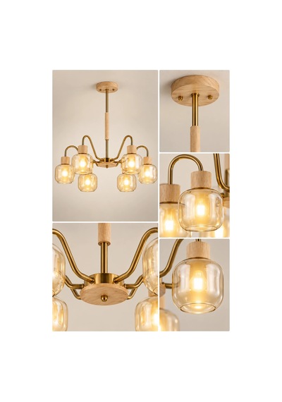 Modern Premium Doğal Ahşap Detaylı Gold Gövdeli 6'lı Amber Camlı Modern Avize 6xe27