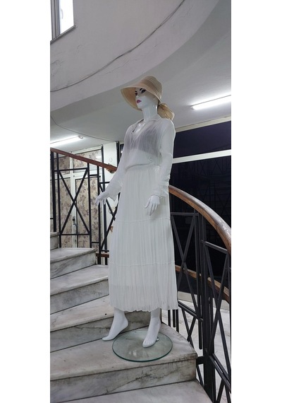 Eren Style Beli Lastikli Astarlı Uzun Şifon Etek-8960 Beyaz