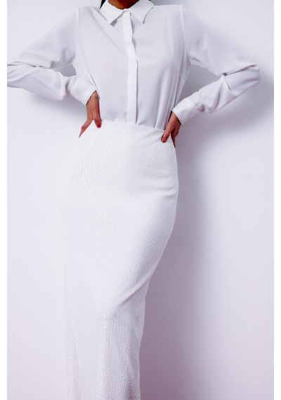 Sateen Pul Payetli Midi Etek - Ekru-135198 Ekru