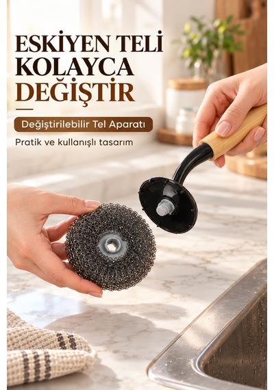 Porsima Bambu Saplı 2'li Bulaşık Ve Lavabo Temizlik Seti - Değiştirilebilir Paslanmaz Tel Bulaşık Fırçası & Çok Amaçlı Yıkama Fırçası Siyah