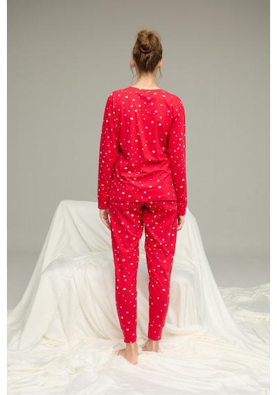 Siyah İnci Pamuklu Bisiklet Yaka Örme Pijama Takım25241120 Kırmızı