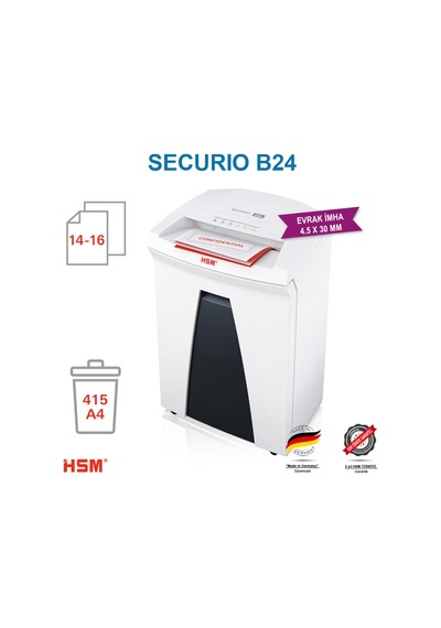 HSM SECURIO B24 - Çapraz/konfeti kesim 4,5x30 MM Evrak İmha Makinesi / Kağıt Kırpma Makinesi - CD İmha Makinesi - 35 L