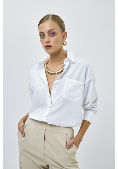 Pera Moda Kadın Tek Cepli Salaş Oversize Boyfriend Gömlek Kırık Beyaz