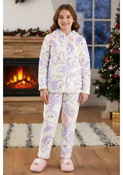 Kız Çocuk Kadife Polar Ayıcık Desen Pijama Takımı 240525 Ekru02 Ekru02