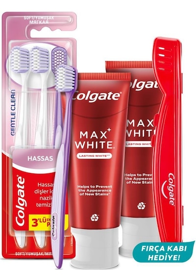 Max White Kalıcı Beyazlık 75 Ml 2li Diş Macunu, Gentle Clean 2+1 Diş Fırçası + Diş Fırçası Kabı