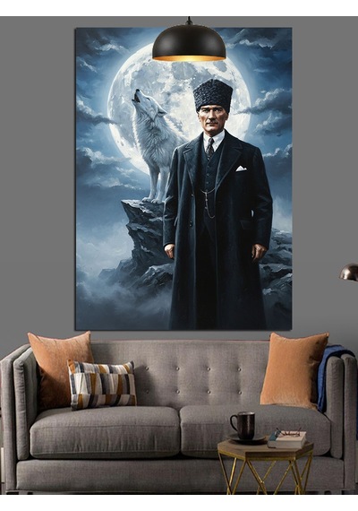 Ay Işığında Atatürk Ve Uluyan Bozkurt Dekoratif Kanvas - Mdf Ahşap Tablo