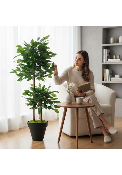 Yapay Çiçek Siyah Saksıda Benjamin Salon Balkon Ev Ağacı Yeşil Bitkisi Bambu Gövdeli Dolgun 105 Cm Yeşil