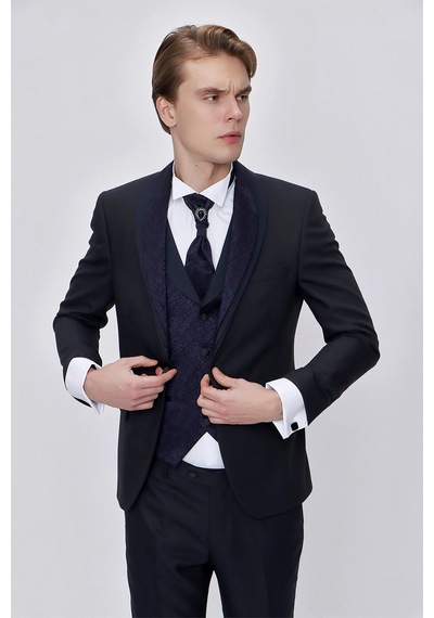 Morven Erkek Lacivert Santos Çıkma Yaka Slim Fit Damatlık Lacivert
