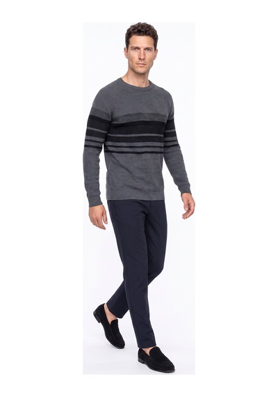 Fabrika F6wm-kzk 2039 Antrasit Melanj Erkek Bisiklet Yaka Çizgili Slim Fit Triko Kazak