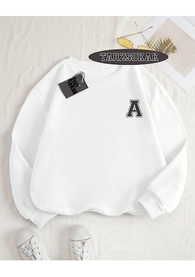 Startmore Biskilet Yaka Sweatshirt Beyaz A Harfi İsme Özel Tasarım Beyaz